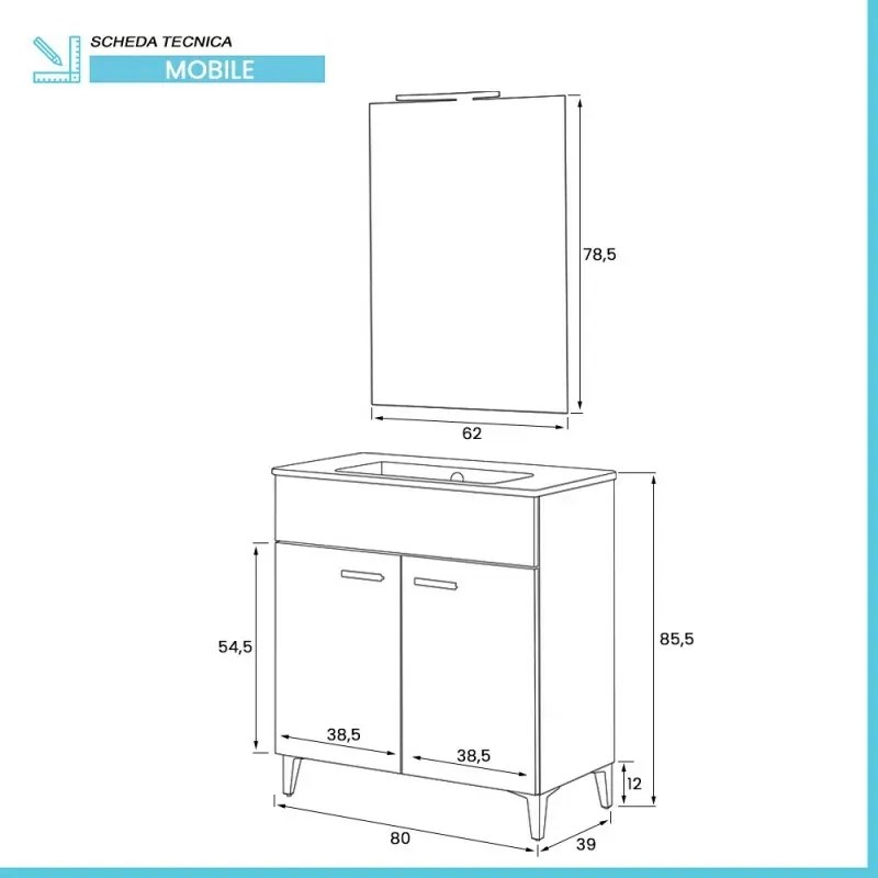 Mobile bagno a terra 80 bianco con lavabo e specchio LED Martha