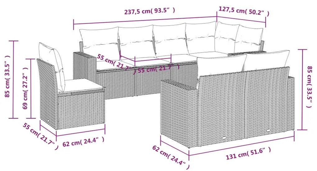 Set Divano da Giardino 8 pz con Cuscini Beige in Polyrattan