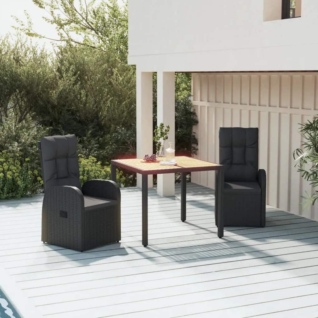 Set Da Pranzo Da Giardino 3 Pz Con Cuscini Nero İn Polyrattan /
