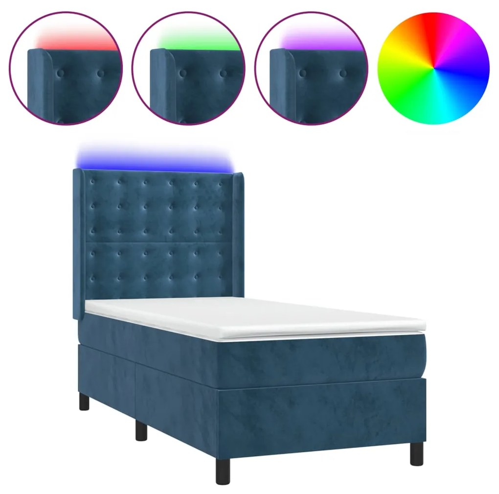 Letto a molle con materasso e led blu scuro 80x200cm in velluto