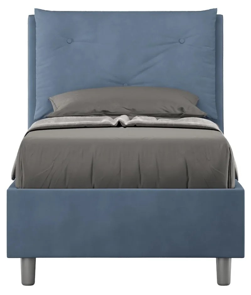 Letto singolo imbottito 80x190 microfibra Appia senza rete, con rete e contenitore, Blu / Contenitore