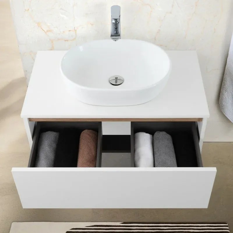 Mobile bagno sospeso 80 cm bianco e rovere con lavabo e specchio Kleo