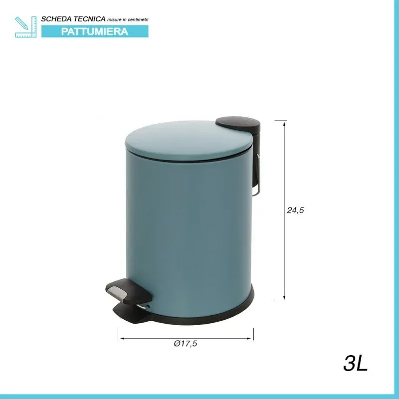 Pattumiera bagno in acciaio turchese cobalto con pedale e coperchio slim 3 lt