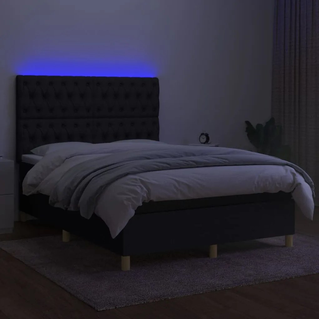 Letto a molle con materasso e led nero 140x190 cm in tessuto