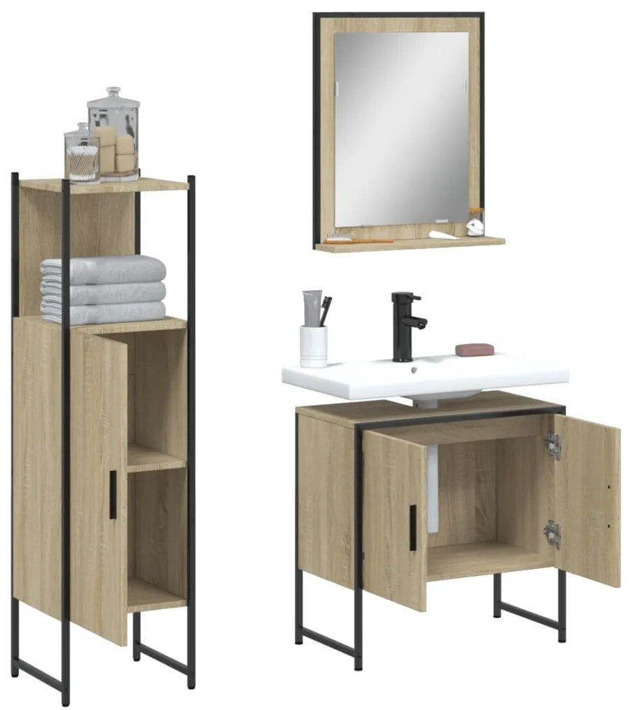 Set di mobili da bagno 3 pz rovere sonoma in legno multistrato