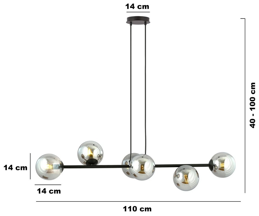 Lampadario Contemporaneo 6 Luci Durga In Acciaio Nero E Sfere In Vetro Fumè