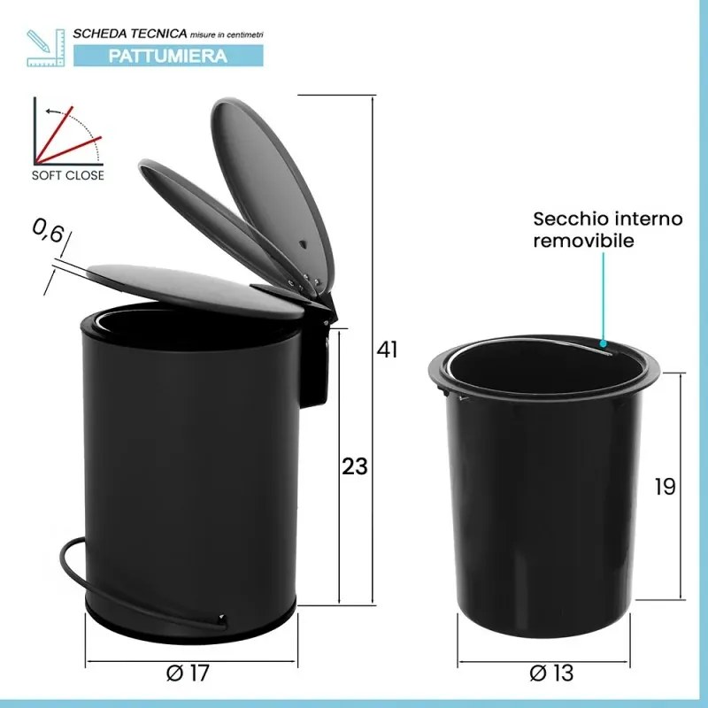 Pattumiera in acciaio 3 litri nero soft-close con secchio estraibile Spring