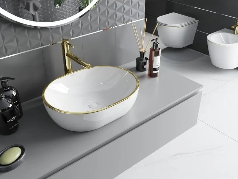 Mexen Viki lavabo da appoggio 48 x 35 cm, bianco/bordo oro - 21054805
