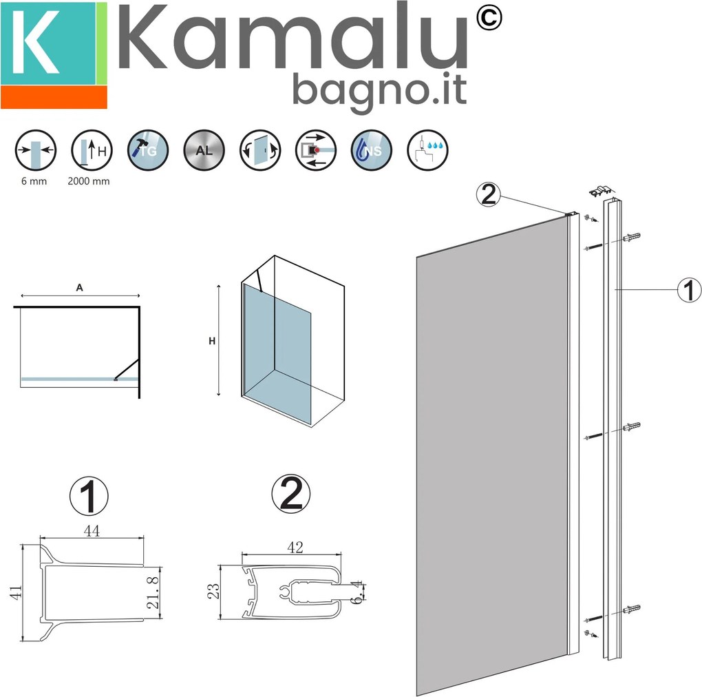 Doccia walk in 90 cm profilo nero con staffa diagonale | KS2800NT - KAMALU