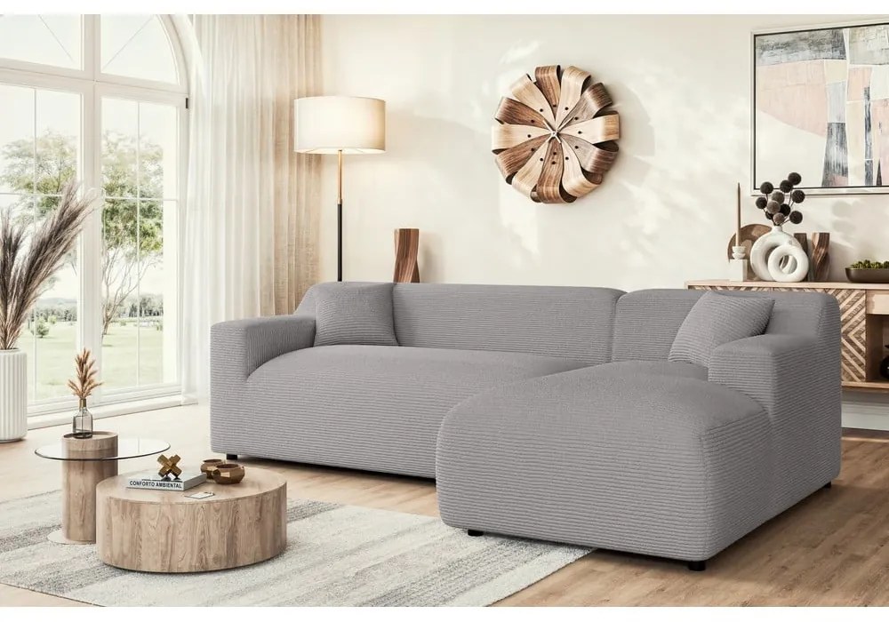 Divano angolare grigio chiaro (con penisola a destra e chaise lounge) rivestito in velluto a coste Martin – Ropez