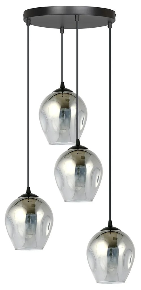 Lampadario 4 Luci Fuxi Base Tonda In Acciaio Nero E Vetri Fumè