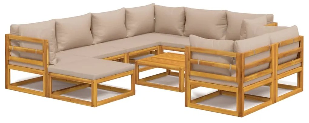 Set salotto da giardino 10pz con cuscini tortora legno massello