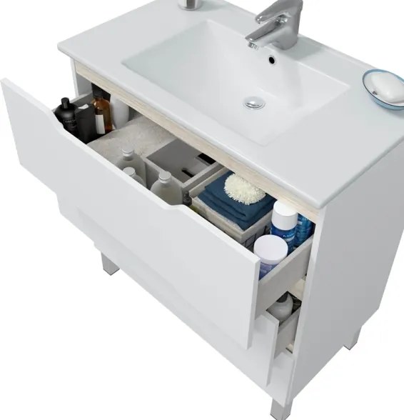 Mobile Da Bagno 80 Cm 3 Cassetti Con Piedini E Lavabo In Ceramica Lea Bianco Lucido