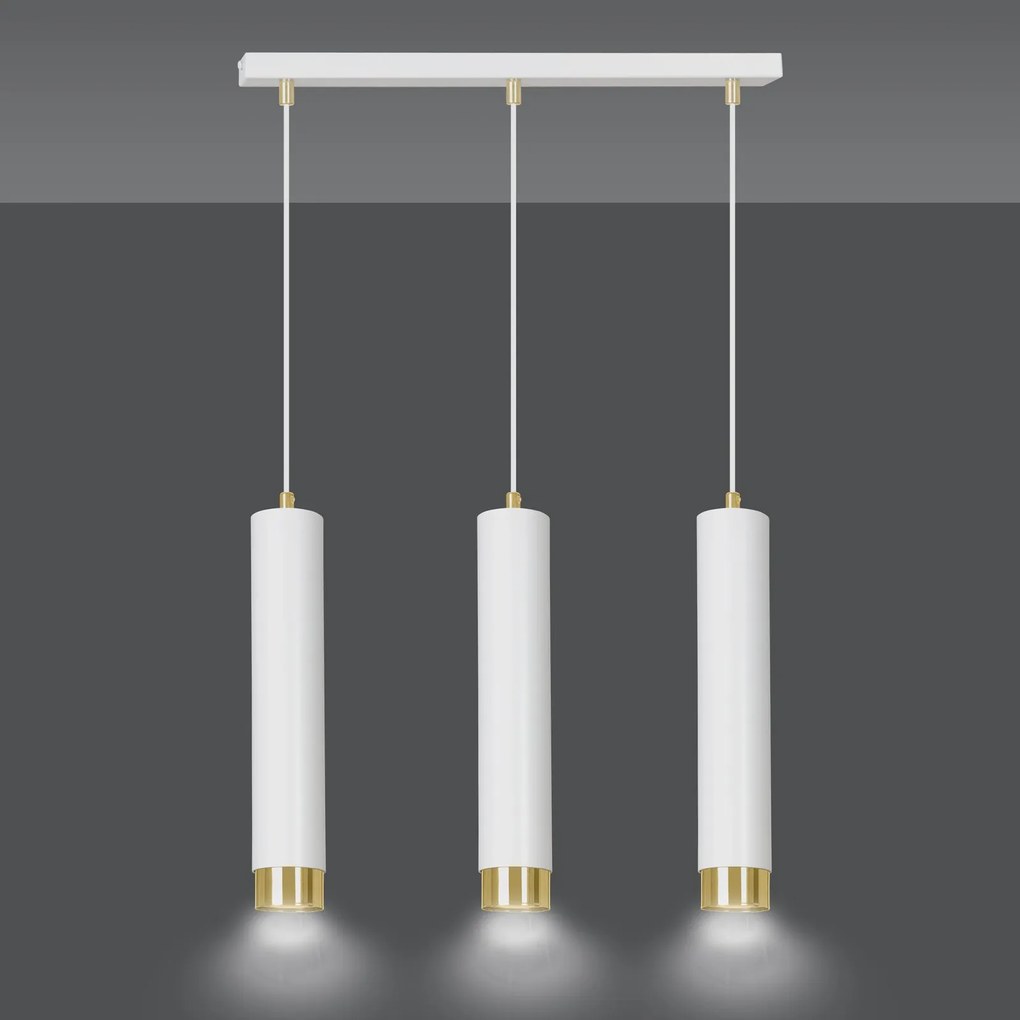 Lampadario 3 Luci Kibo In Acciaio Bianco E Tubolari In Bianco E Oro