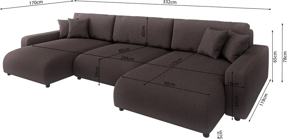 Divano angolare marrone allungabile/con contenitore (a U) con rivestimento in velluto a coste Sara – Ropez
