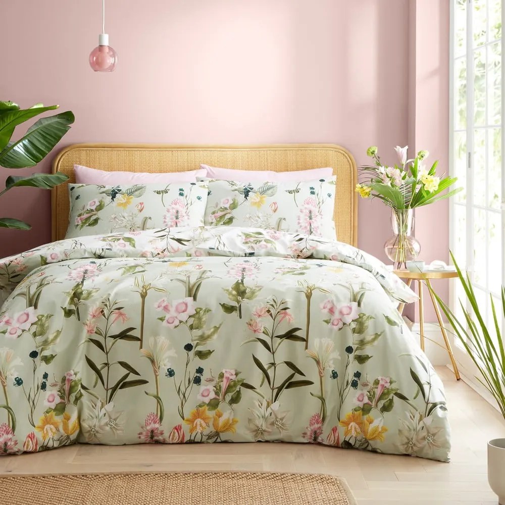 Biancheria da letto verde chiaro in cotone per letto singolo 135x200 cm Exotic Floral – RHS