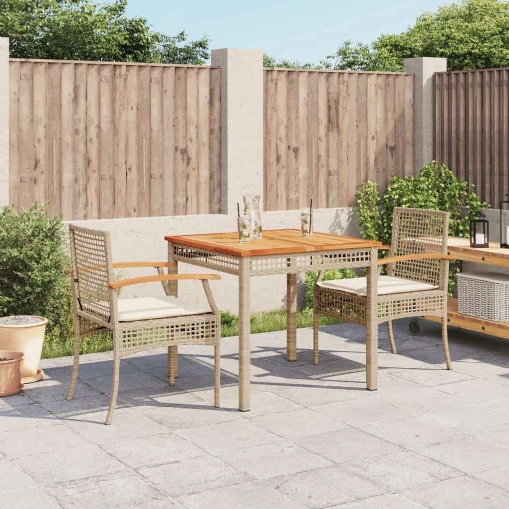 Set da pranzo da giardino 3 pz con cuscini beige in polyrattan