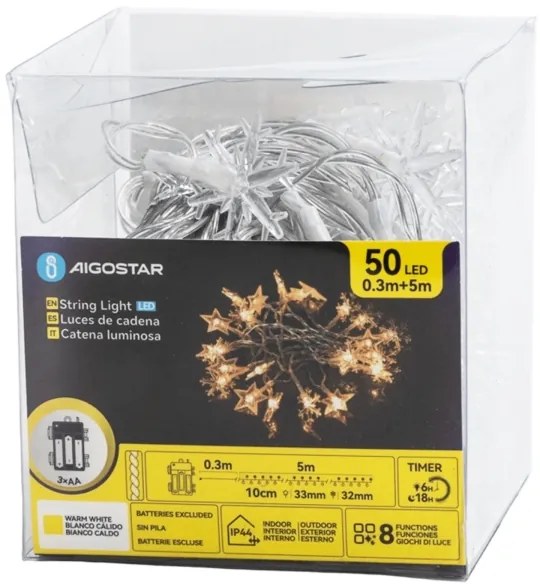 Aigostar - Catena luminosa LED da esterno per Natale, 50 LED, 8 funzioni, 3xAA, 5 m, IP44, bianco caldo, stelle