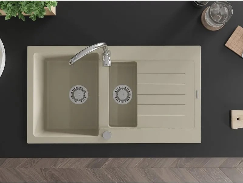 Mexen Matias lavello in granito 1,5 vasche con gocciolatoio 900 x 505 mm, beige, sifone cromato - 6502901505-69