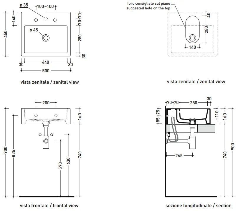 Flaminia acquagrande acqualight lavabo 50x45 da appoggio o sospeso con troppopieno senza piletta in ceramica bianco