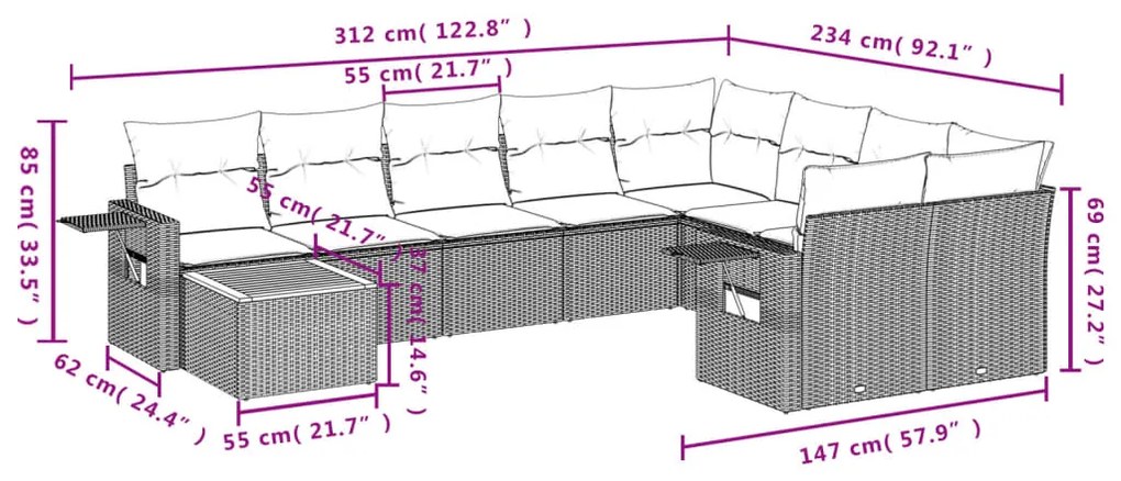 Set divano da giardino 10 pz con cuscini grigio in polyrattan