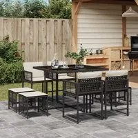 Set da Pranzo da Giardino 9 pz con Cuscini Nero in Polyrattan 3211494