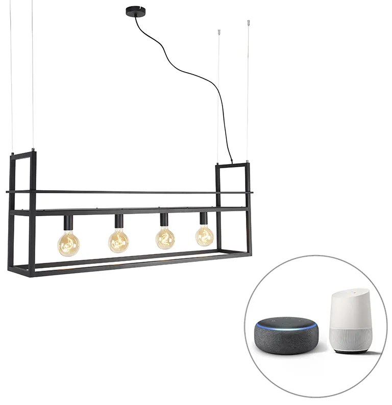 Lampada a sospensione intelligente nera con mensola grande 4 luci incl. Wifi G95 - Cage Rack