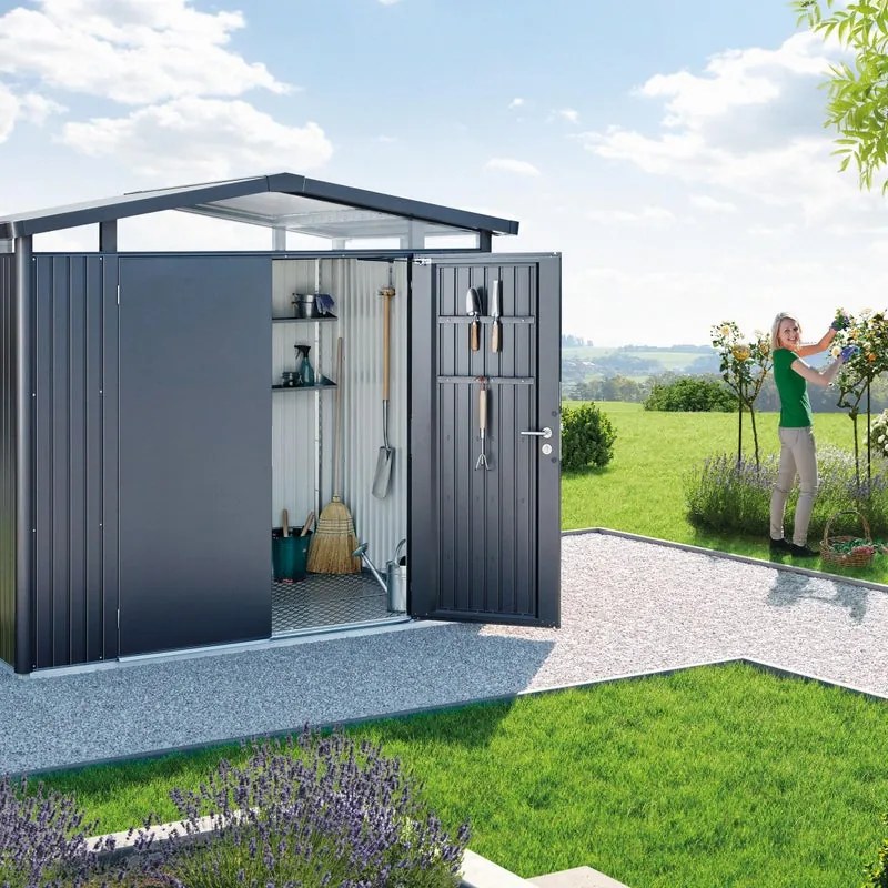 Casetta da giardino BIOHORT in acciaio Panorama P5 grigio scuro con porta doppio battente, superficie totale 8.68 m² e spessore parete 0.5 mm