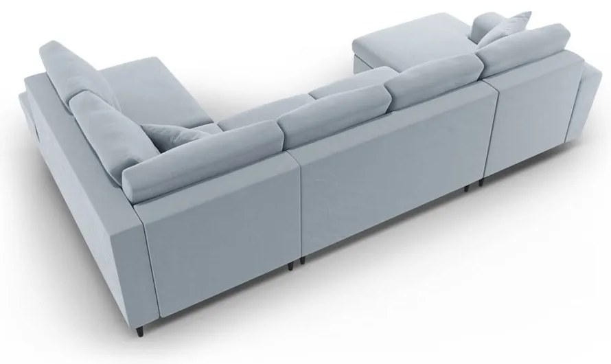 Divano angolare azzurro allungabile e con contenitore (con penisola a destra/a U) con rivestimento in velluto Kyoto – Cosmopolitan Design