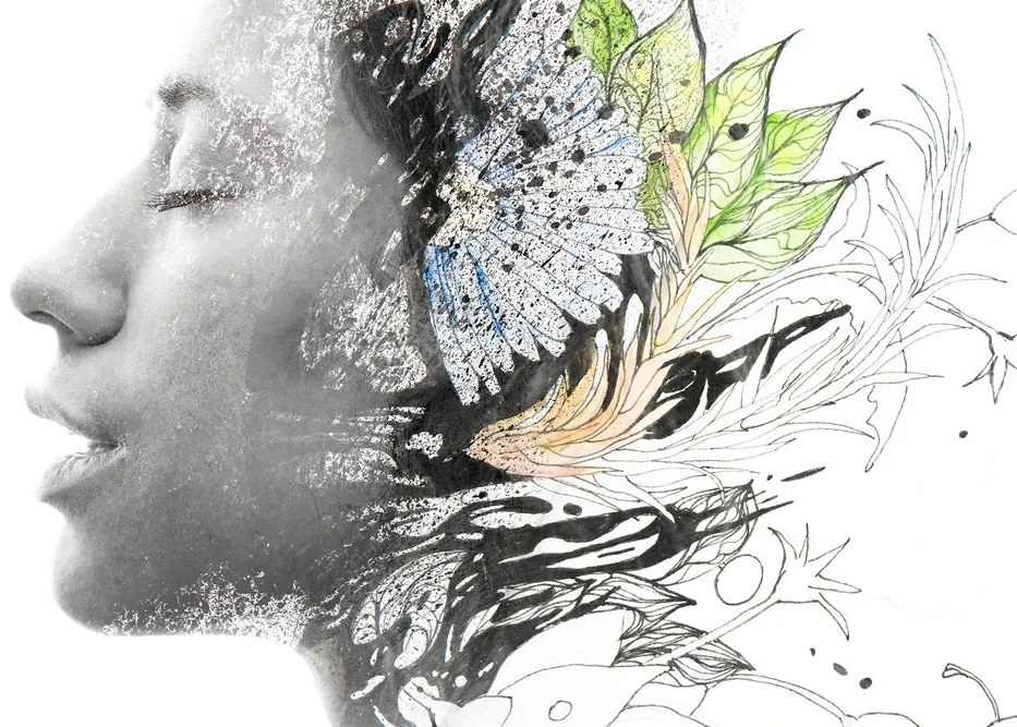 Quadro su tela – Donna con fiori dipinti
