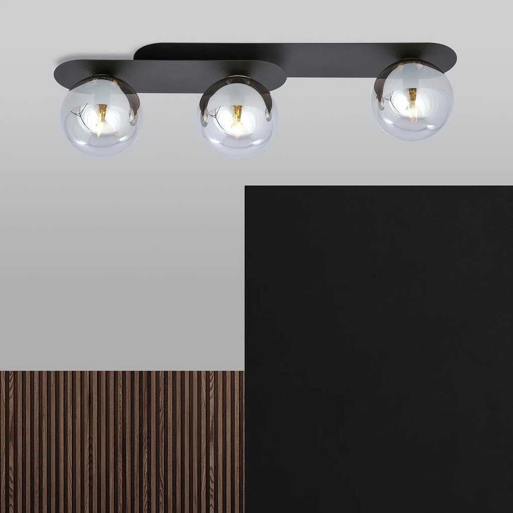 Plafoniera Minimal 3 Luci Teia In Acciaio Nero E Sfere Vetro Fumè