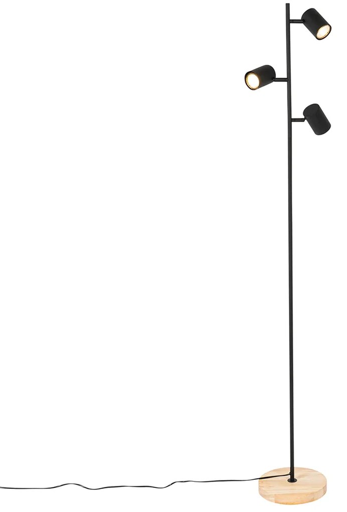 Lampada da terra moderna nera con legno 3 luci - Jeana