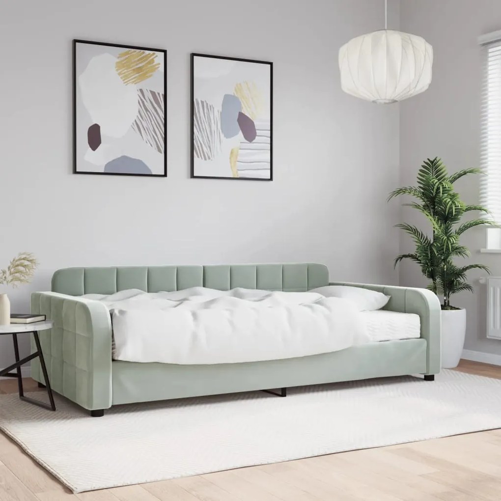 Divano Letto Con Materasso Grigio Chiaro 100x200 Cm İn Velluto /