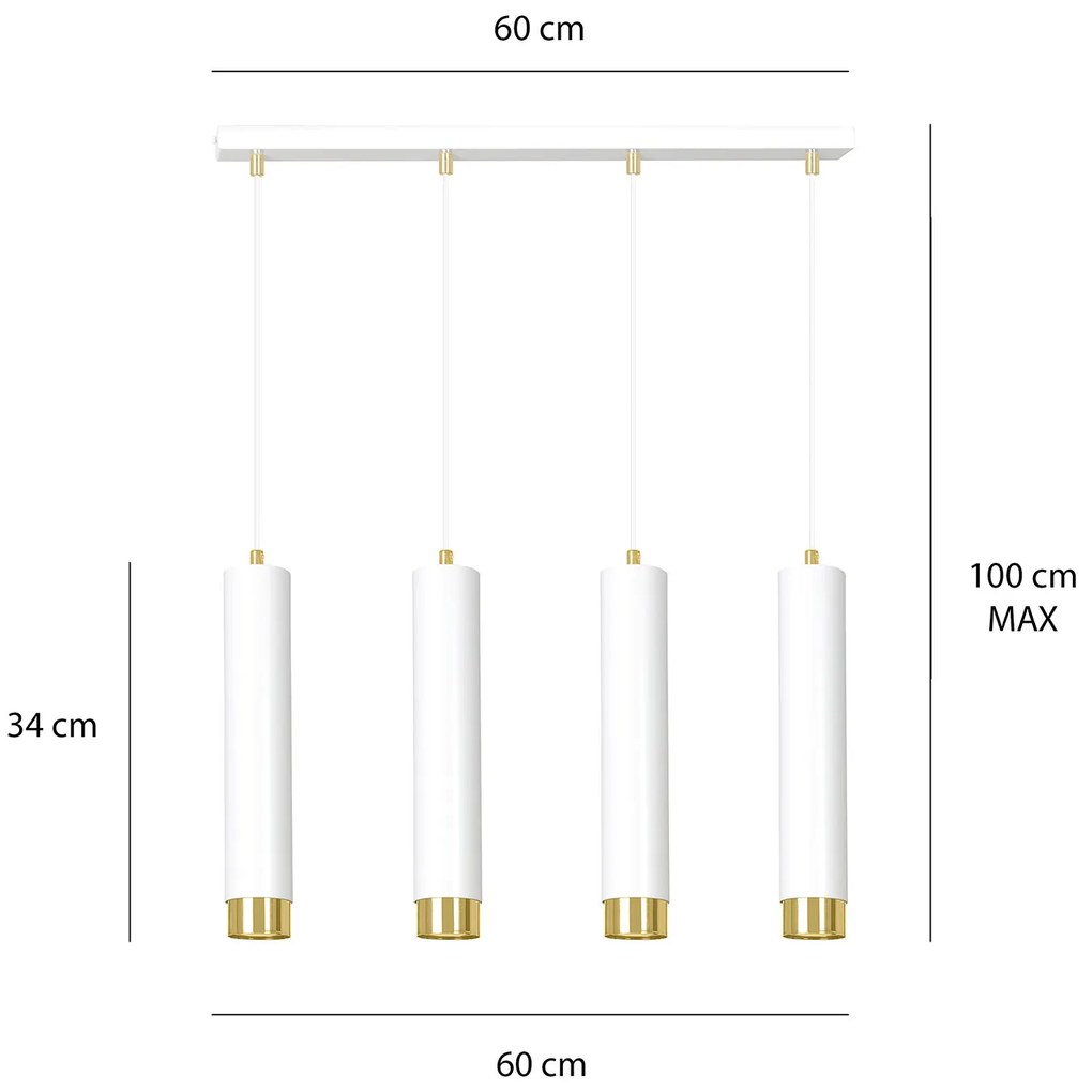 Lampadario 4 Luci Brunilde In Acciaio Bianco E Tubolari In Bianco E Oro
