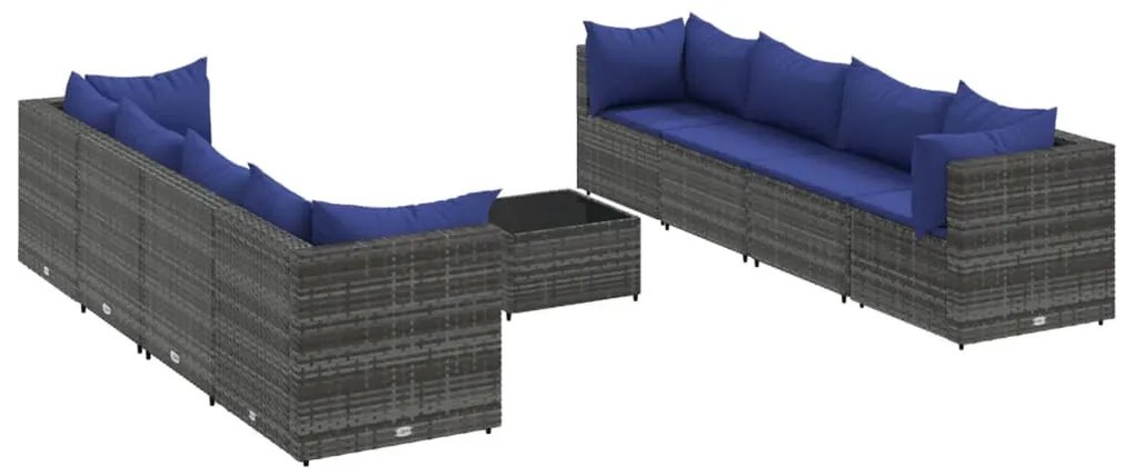 Set divani da giardino 9 pz con cuscini in polyrattan grigio