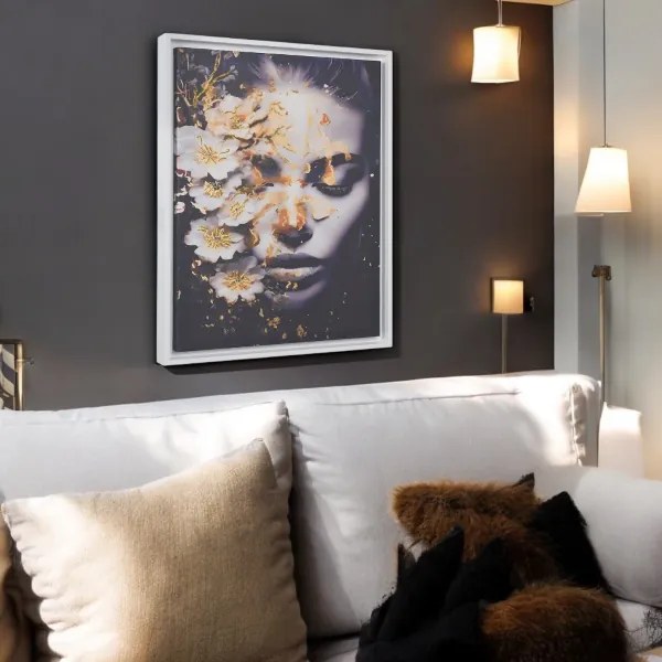 Quadro su tela con cornice moderno 67x97 cm ritratto di donna con fiori