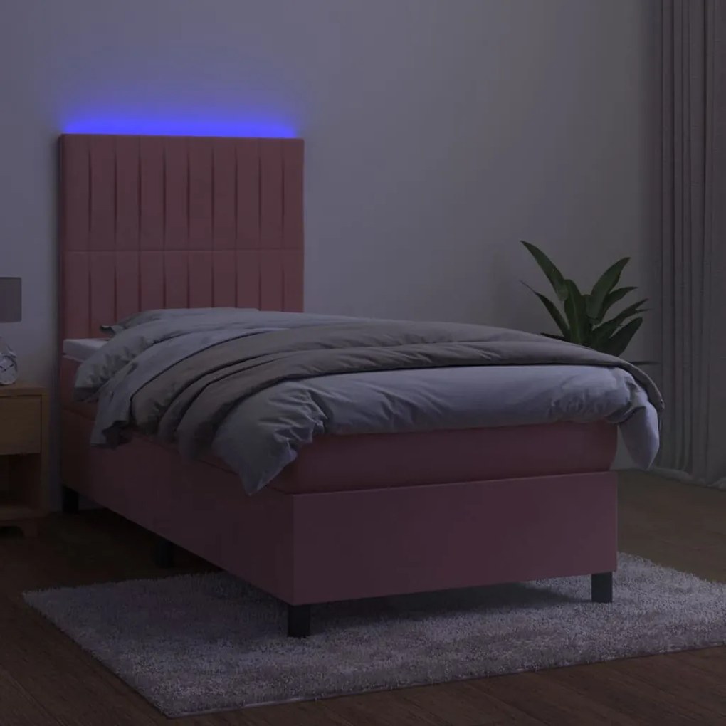 Letto a molle con materasso e led rosa 90x190 cm in velluto