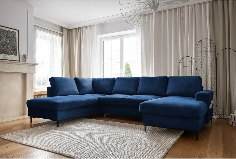 Divano letto angolare in velluto a coste blu scuro (angolo sinistro) Lofty Lilly - Miuform