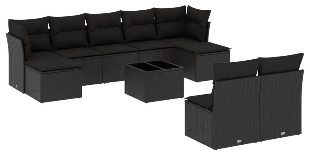 Set divani da giardino 10pz con cuscini in polyrattan nero