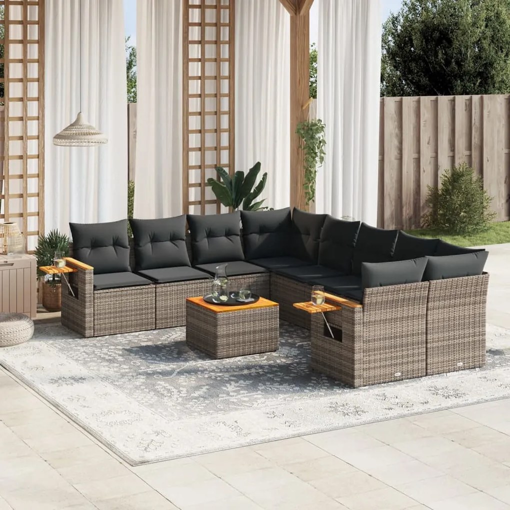 Set Divano da Giardino 9 pz con Cuscini Grigio in Polyrattan