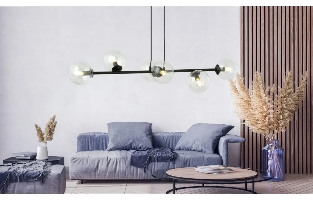 Lampadario a Sospensione in Acciaio e Vetro ROSSI 6 Nero 6xE14 Colore delle Sfere Trasparente