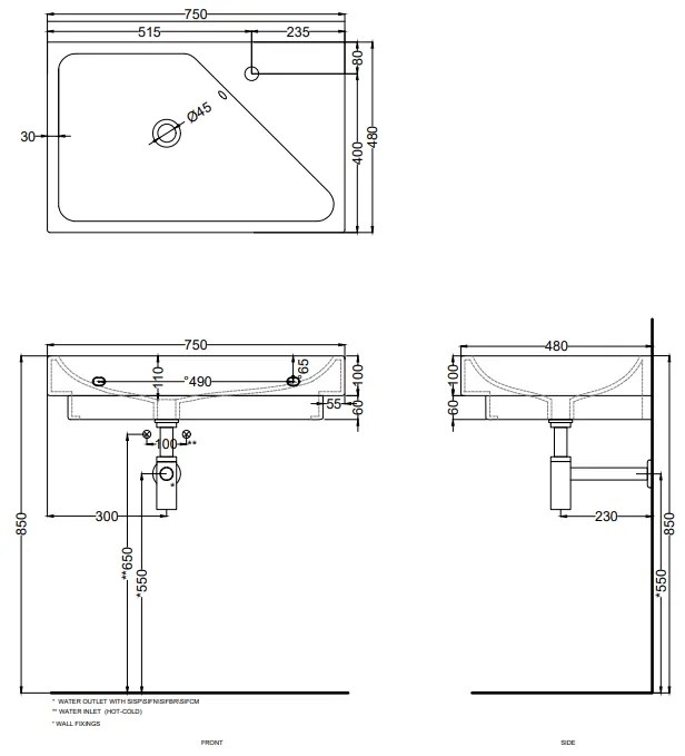 Cielo Smile Blink Lavabo 75x48 con piano Destro da appoggio semincasso o sospeso In Ceramica Bianco Lucido