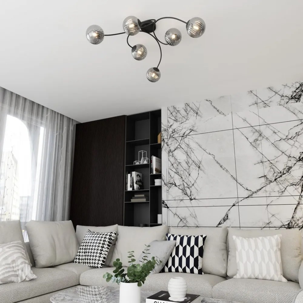 Lampada da soffitto in acciaio e vetro VIBRA 6 da interno 6xE14 Colore del corpo Nero e Grafite
