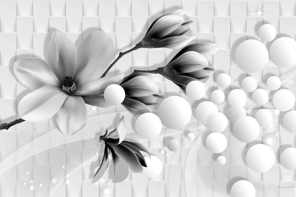Carta da parati autoadesiva – Magnolia in bianco e nero con elementi astratti
