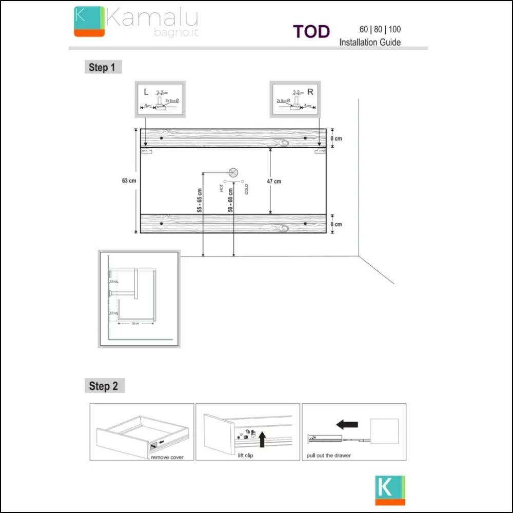 Mobile bagno sospeso 80 cm con due cassetti e piano bianco solid surface TOD-80SS - KAMALU