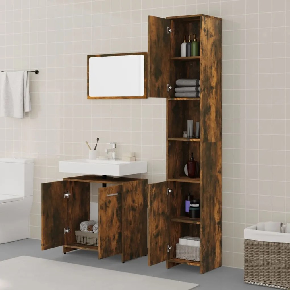 Set mobili da bagno 3 pz rovere fumo in legno multistrato