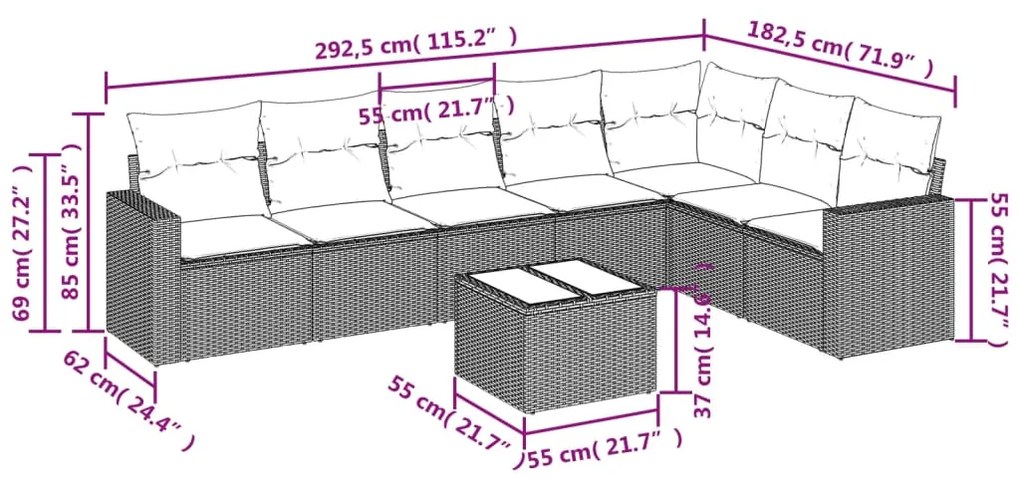 Set divano da giardino 8 pz con cuscini grigio in polyrattan