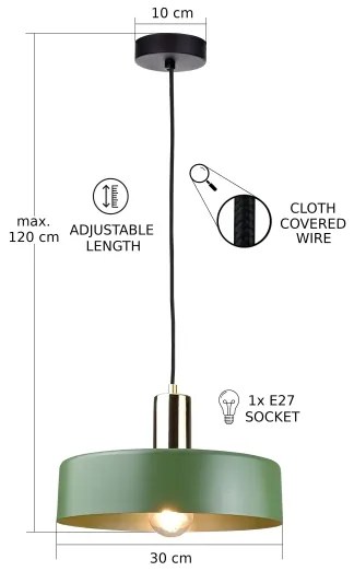 Lampadario a sospensione con filo HAKI 1xE27/60W/230V verde/nero/cromo lucido