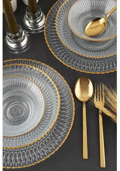 Set da tavola 12 pezzi in vetro trasparente con finitura dorata