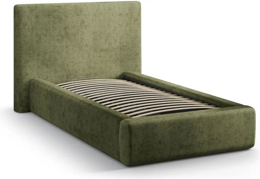 Letto singolo imbottito verde con contenitore con rete inclusa 90x200 cm Amy – Micadoni